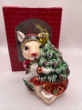VTG Fitz & Floyd Christmas Lodge Rabbit  Tree Blown Glass Ornament Box MINT 3.5”